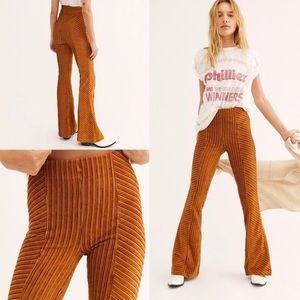 Free People Velvet Ribbed Flare Pants in Gold